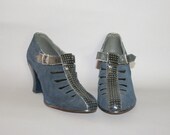 1930s Cut Out OXFORDS / Unworn Perforated Navy Leather, 6-6.5