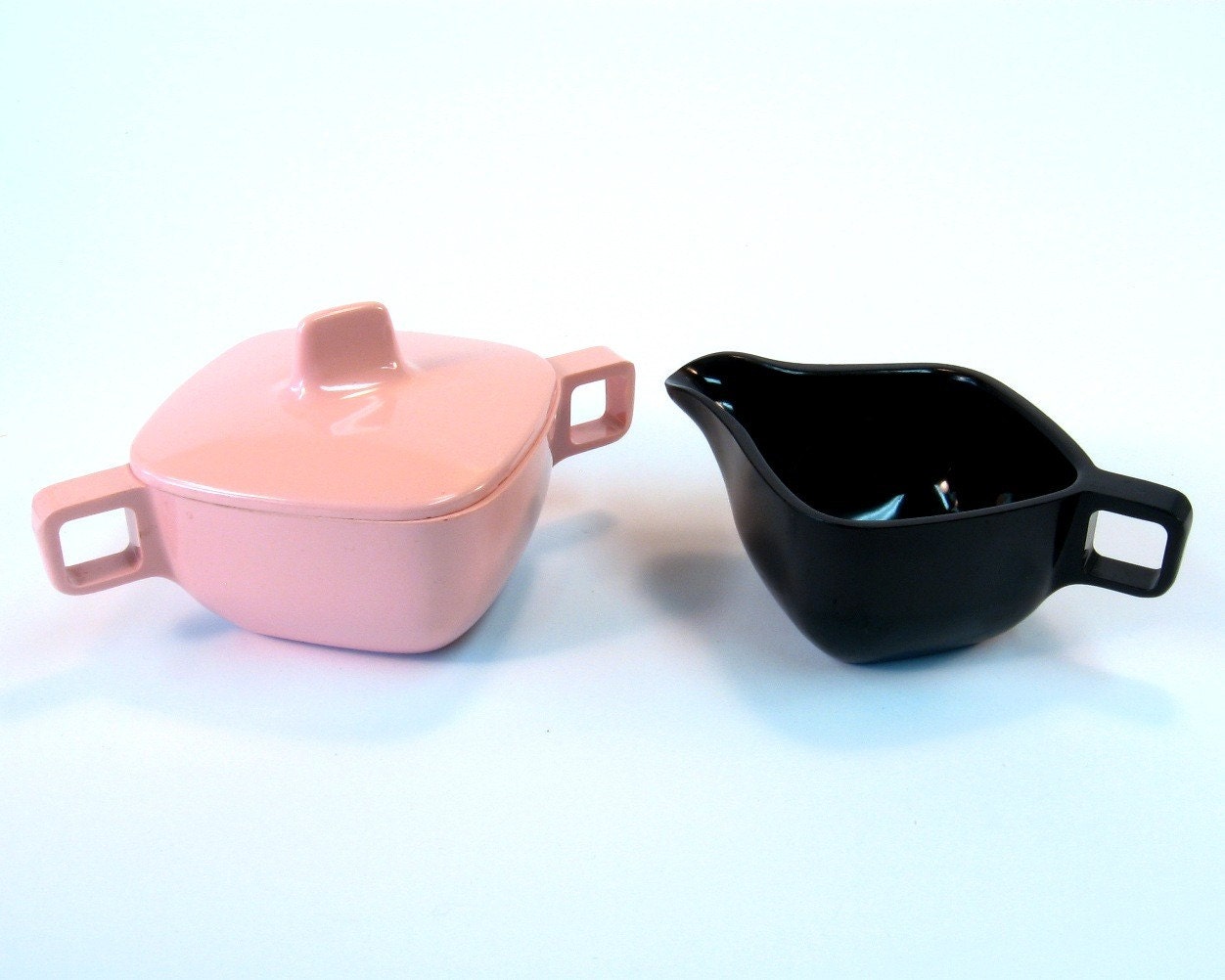 Retro Cream and Sugar Set Pink and Black Vintage Atomic Melamine