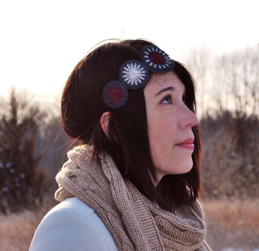 Felt Headband Hand Embroidered Wool with Cranberry and  Pale Pink Stitching by lovemaude