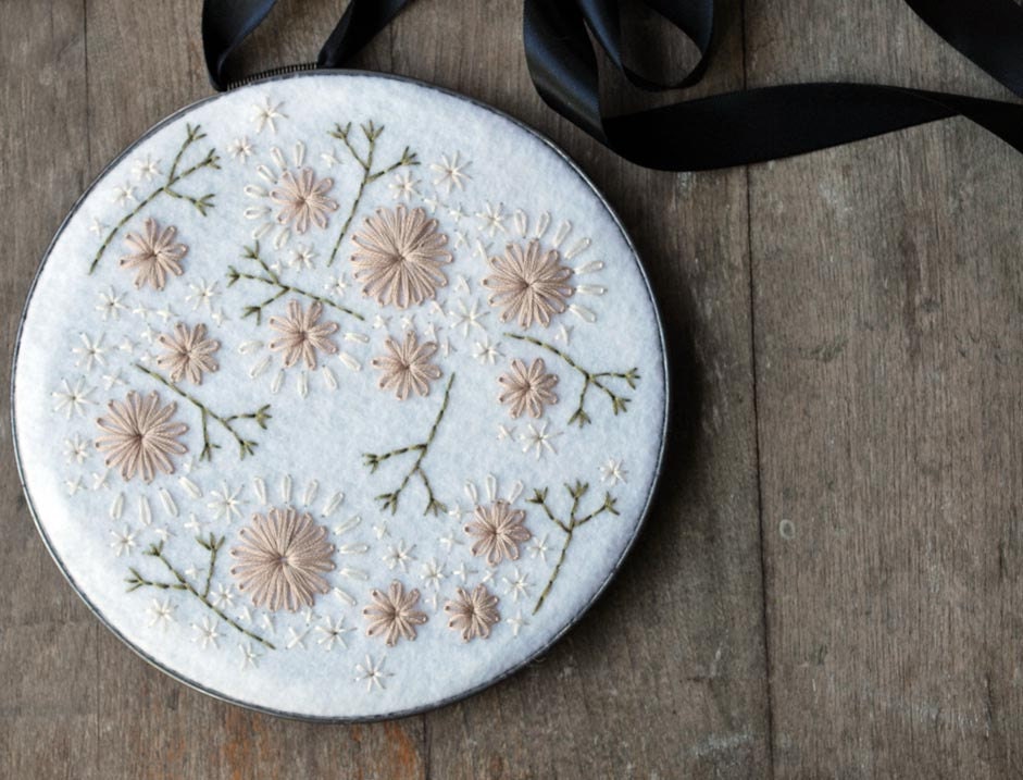 Wildflowers Hoop Art  Wall Hanging- Pale Pink/Peach, Ivory, Moss Green