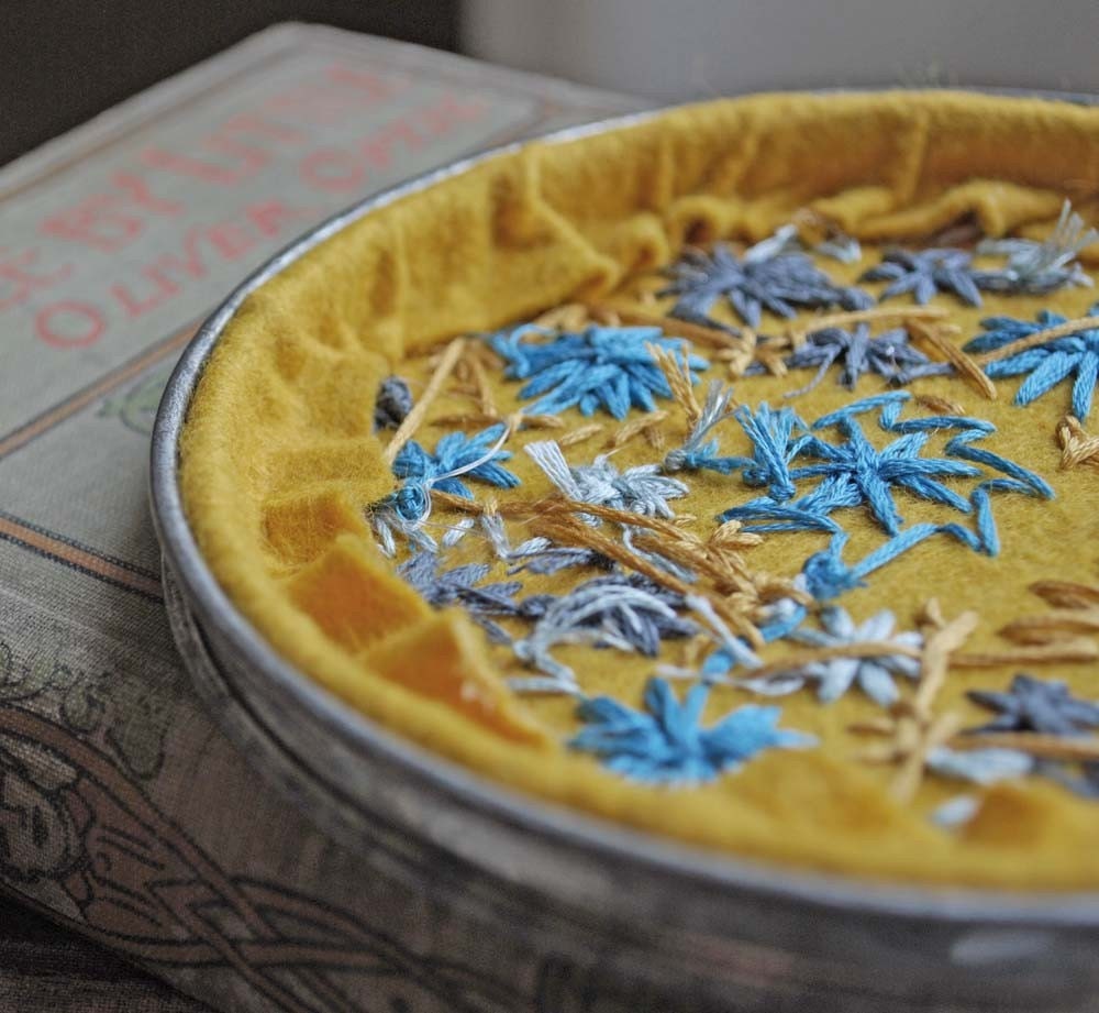 Hand Embroidered Wool Felt Hoop Art in Her Random Wanderings pattern mustard yellow turquoise pewter grey