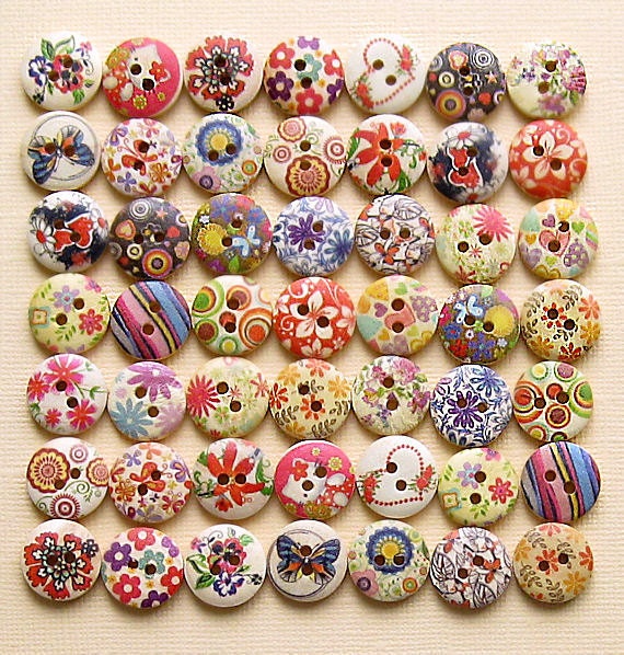 49 Painted Wood Buttons Floral Assortment 15mm B155