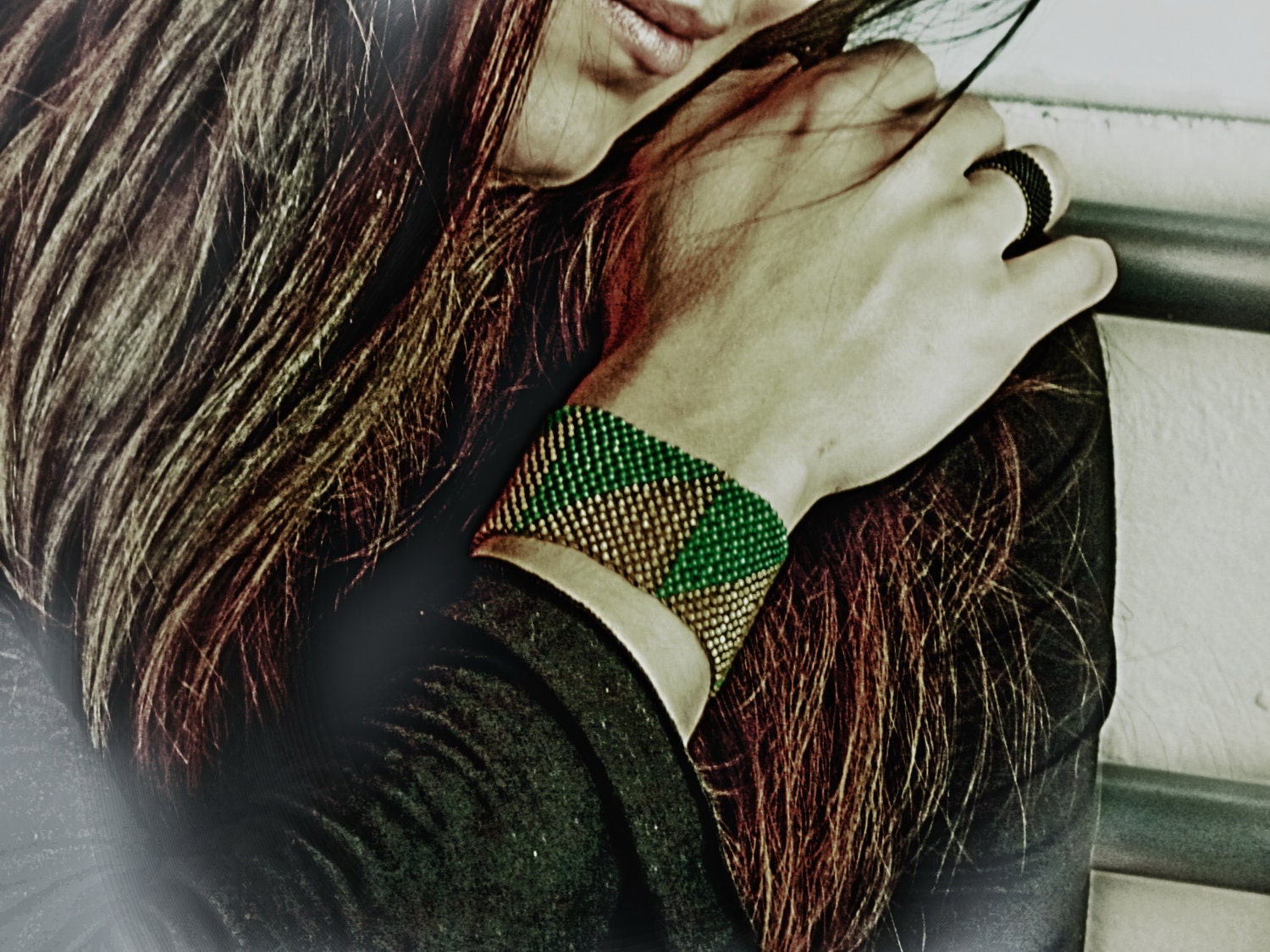 Color blocking Tribal geometric triangle beadwork cuff/ bracelet Golden yellow green