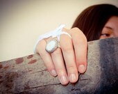 Statement beadwork cocktail ring.  Beadwoven fashion jewelry  Shell coin in silver delica beads.