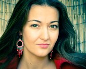 Tribal chic chandelier earrings. Southwestern turquoise red white seed beads Fringe Ethnic gypsy bohemian jewelry.
