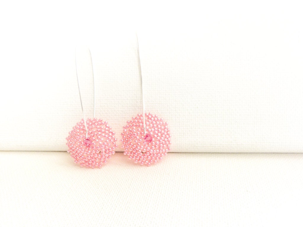 Pale pink beaded disk  long earrings. Pastel fashion jewelry mothers day