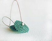 Mint jewelry. Teal white dangle disk earrings. Spring fashion seed bead jewelry