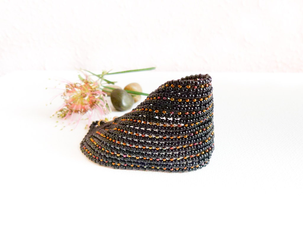 Fantasy. Fancy Black seed bead beadwork Cuff / Bracelet. Fashion jewelry.  Party time