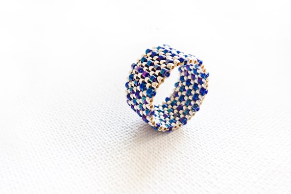 SUMMER SALE Navy blue textured band ring.Two tone ring. Summer seed bead nautical jewelry.