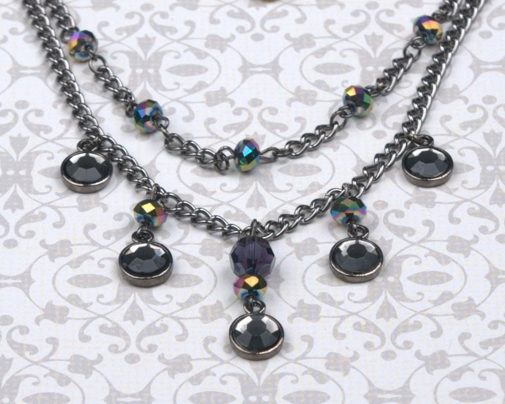 Necklace Crystal Drops on Gunmetal Chain, Double Strand