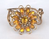 Amazing Vintage Golden Yellow Rhinestone Sunflower Clamper Bracelet