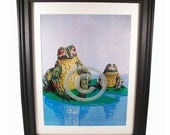 Two Frogs on Lily Pads Fashioned from Computer Parts. Framed-Signed Photo Print. (H)