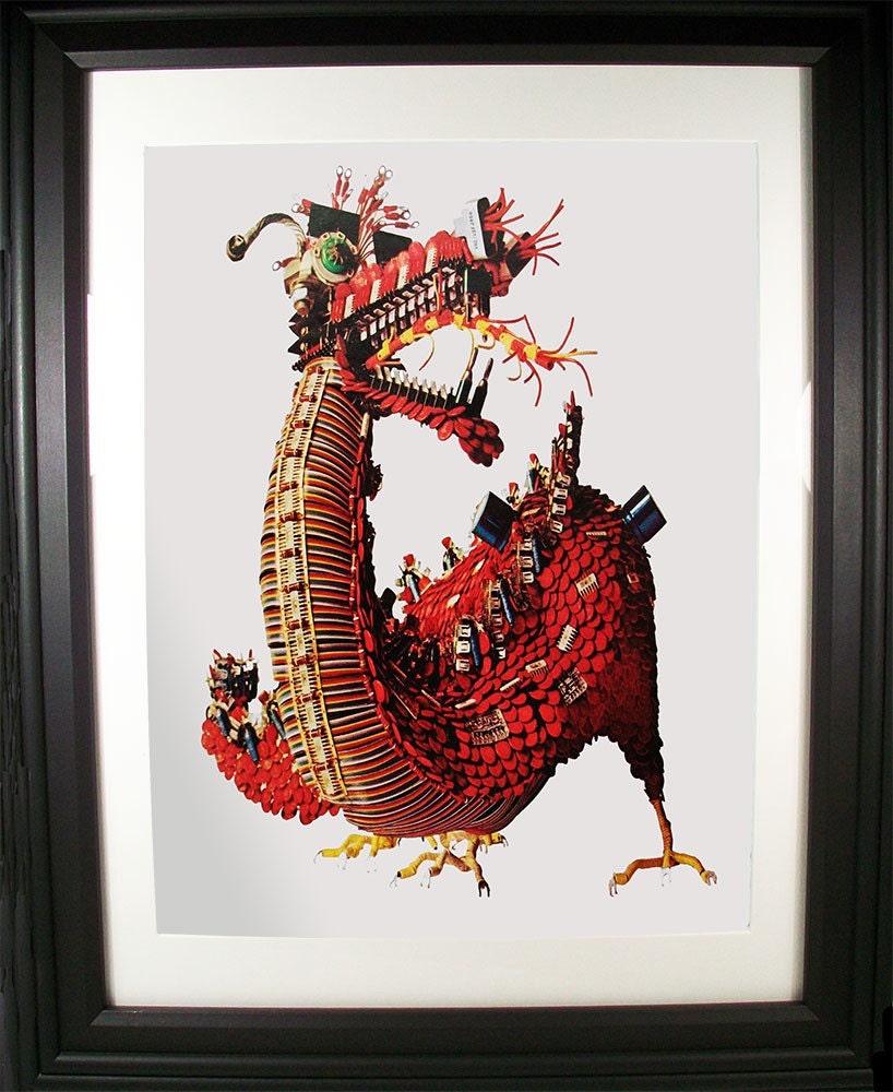 Fire-Spewing Dragon Fashioned from Computer Parts. Signed Print of Vintage Ad Art.