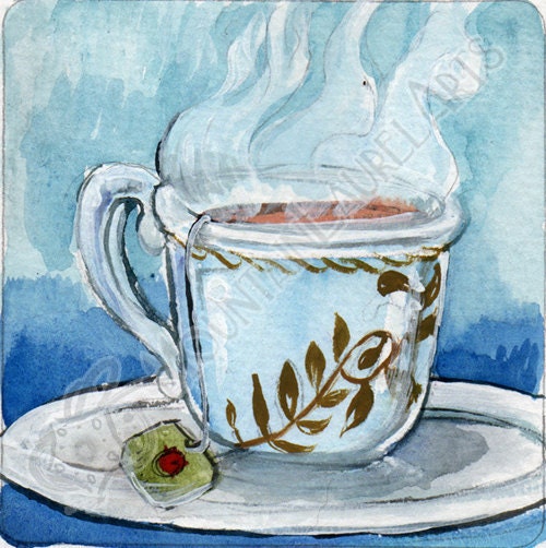 Tea cup Watercolor Painting with Hand-Painted Frame - OOAK