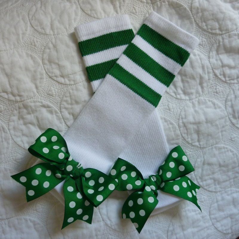 Green and White Varsity Collection Bow Tube Sock Leg Warmers baby legs