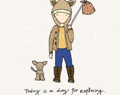Childrens Art Print - Nursery Art Print - BOYS Kids Room Decor - A Day for Exploring - 8x10