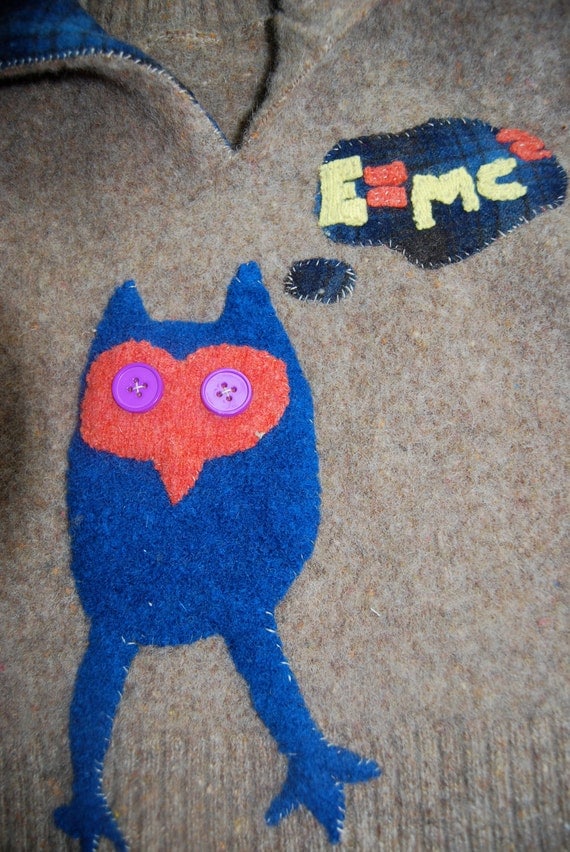 Wool Unisex Felted Child's Sweater with Einstein the Owl, Child's size 5-8