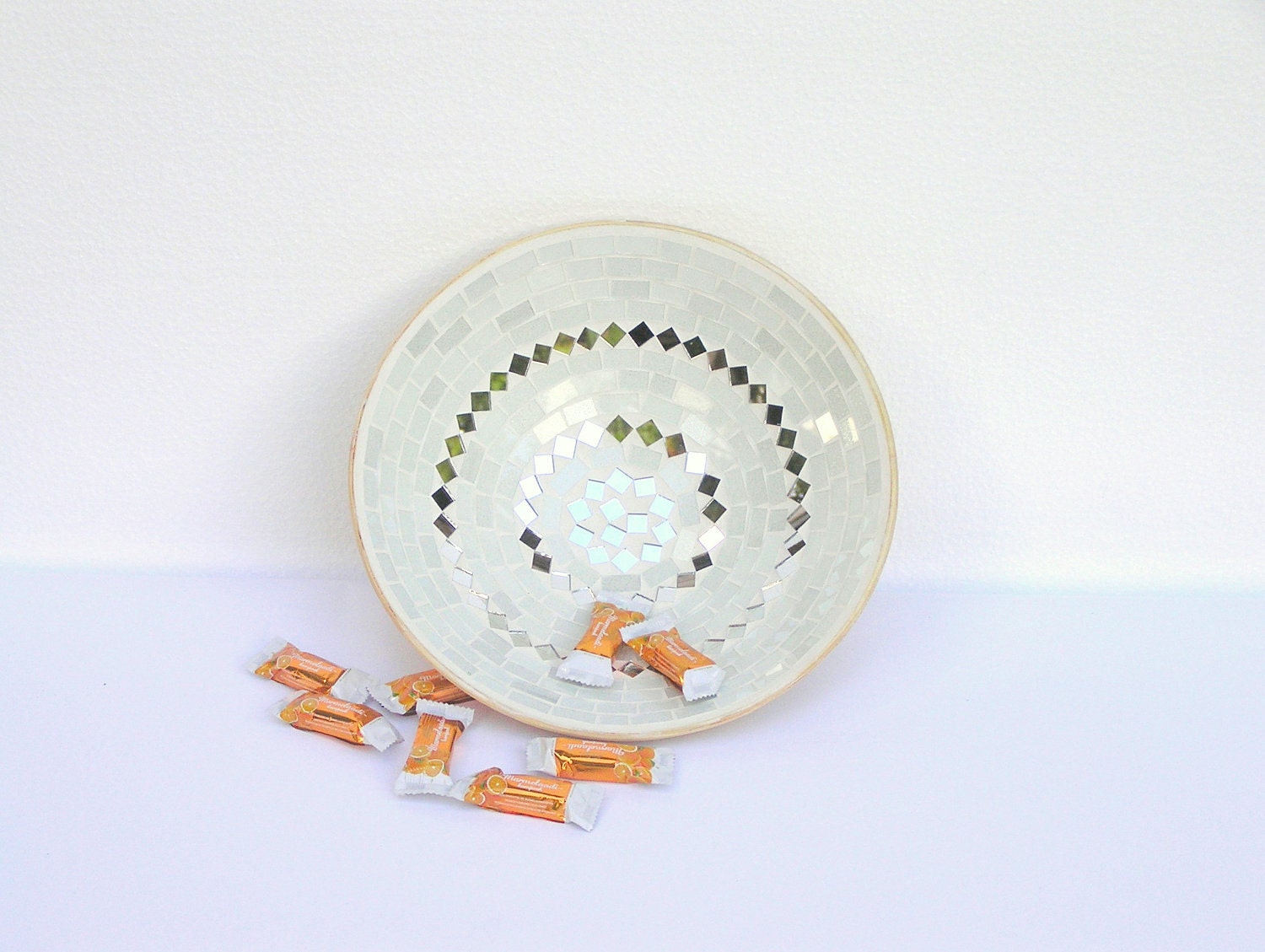 White chic modern dreamy glass mosaic bowl with mirror pure snow wedding gift - SirliMosaic