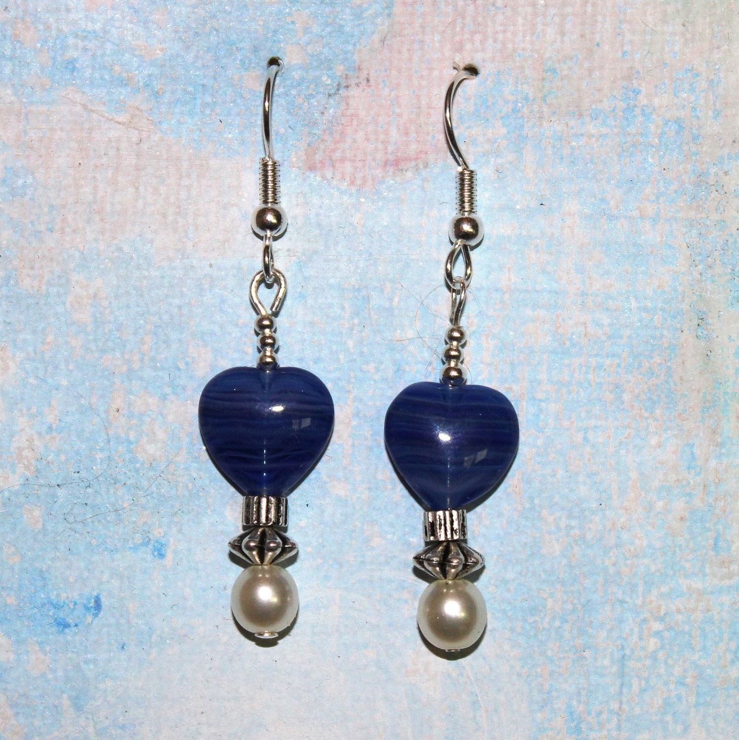 beaded drop earrings - blue - heart - only pair