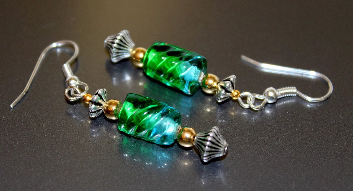 dangle beaded earrings - green - blue - pierced - jewelry