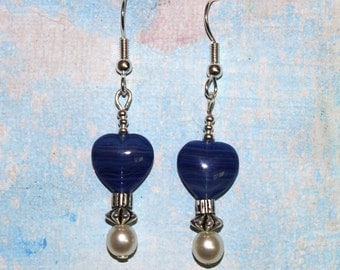 beaded drop earrings - blue - heart - only pair