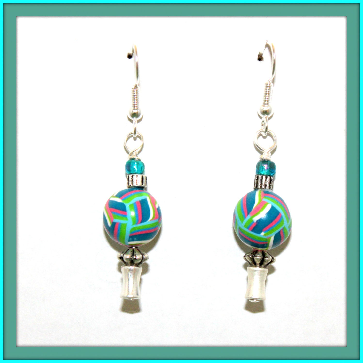 beaded pierced earrings - solitary pair - dangle-spin art look-polymer clay-glass