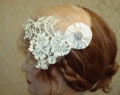 1920's Wedding Headpiece, Flapper Style, Feather Fascinator, Art Deco Lace Headpiece, Veil, Carolynn Redwine Geer - Carolina Moon Designs