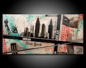 New York City MADE TO ORDER Painting Acrylic 48x24 Canvas Modern Red, Black & Teal or Blue Urban Abstract Fine Art by Federico Farias
