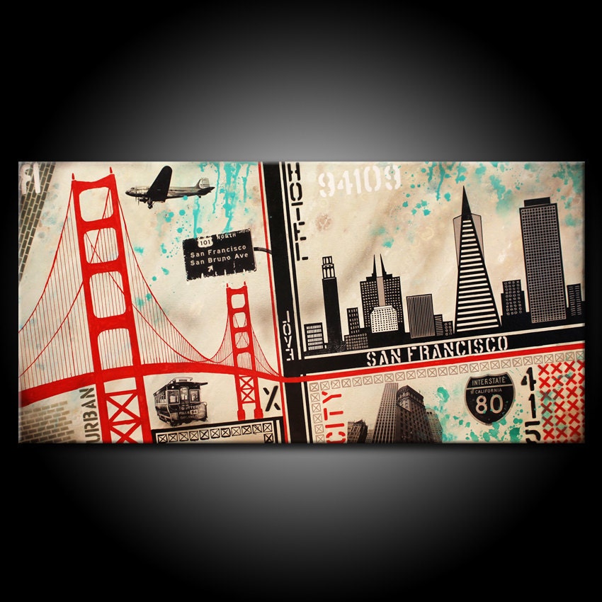 San Francisco City MADE TO ORDER Original Painting Acrylic 48x24 Canvas Modern Red Black & Teal Urban Abstract Fine Art by Federico Farias
