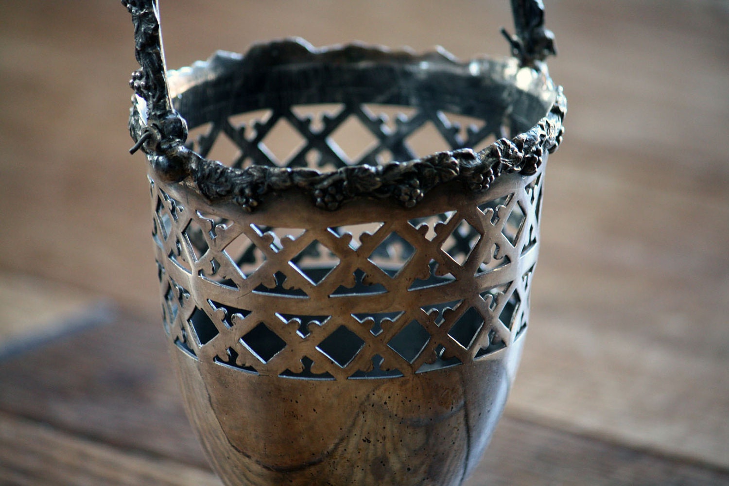 Vintage Silverplate Ornate Basket, Pierced, Grapes Pattern Detail, Silver Plate Handle Pedestal, Victorian Antique Home Decor