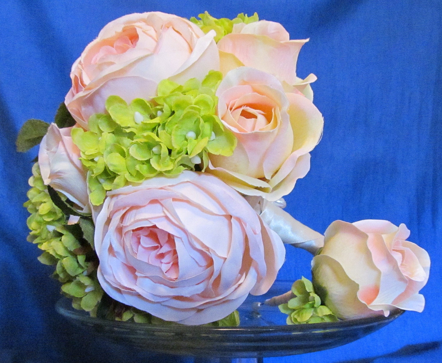 Peach, Ivory, Pink Roses & Green Hydrangeas Bridal Wedding Bouquet and Boutonniere