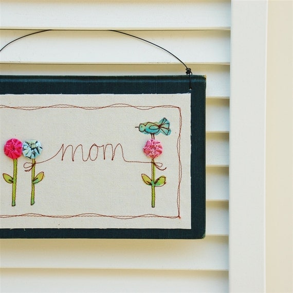 mom blue stitched illustration garden inspired wall hanging blue vintage book cover, for her