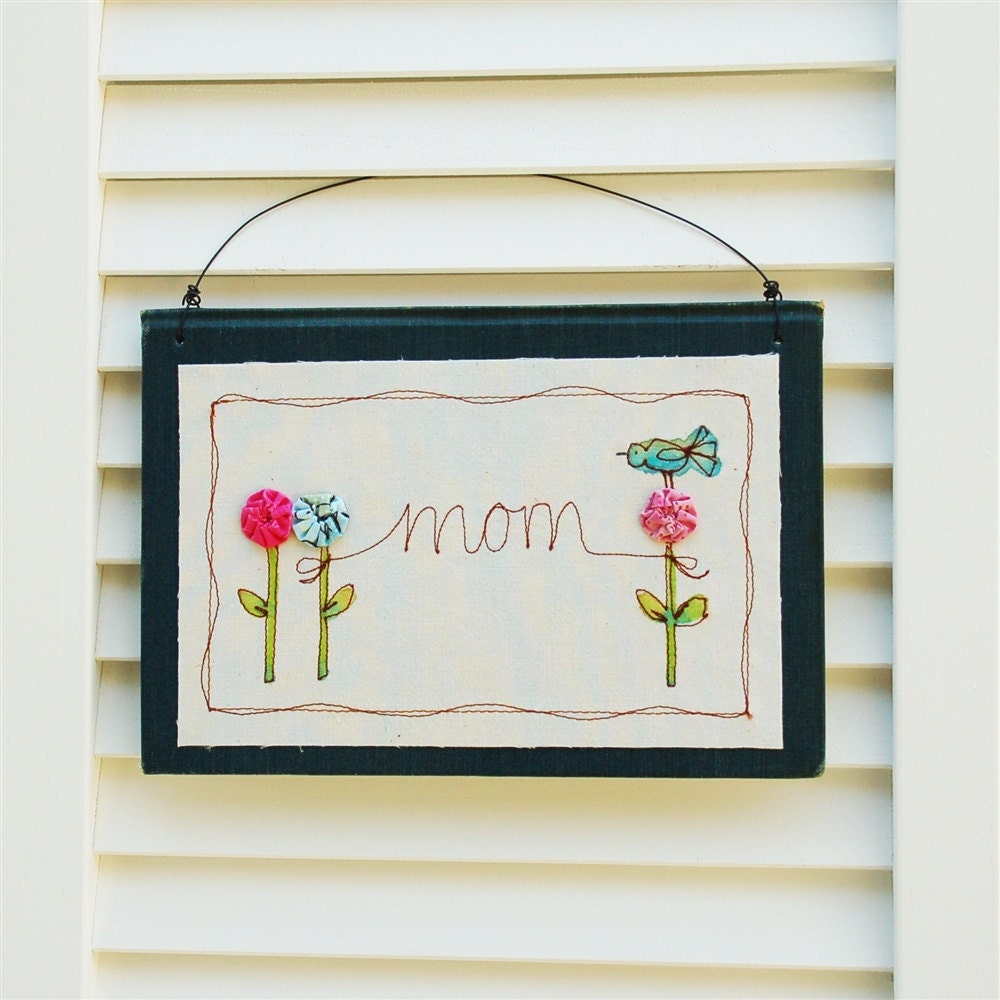 mom blue stitched illustration garden inspired wall hanging blue vintage book cover, for her