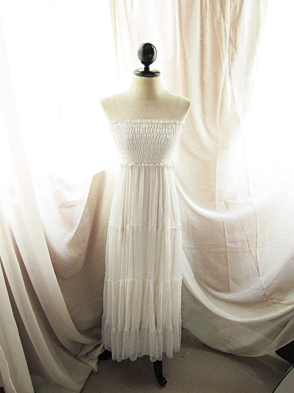 White Lace Victorian Hippie Chantilly French Ivory Heavenly Fantasy Marie Antoinette Alice in Wonderland Jardin Long Smocked Maxi Dress
