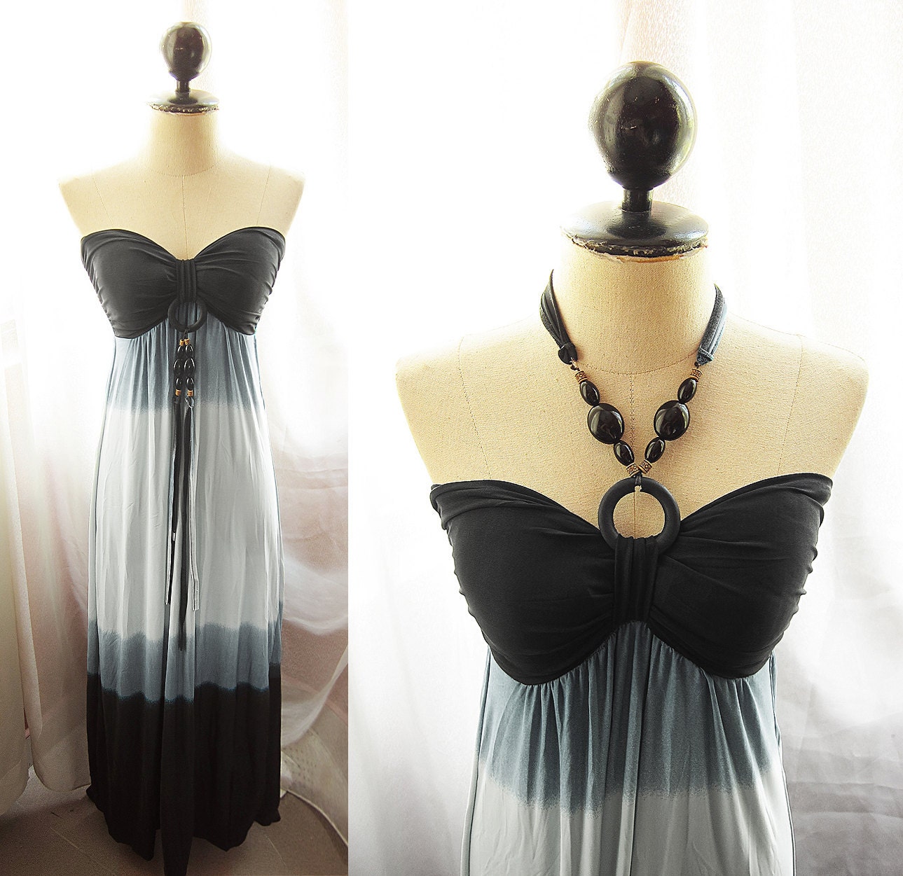 Exotic Safari Gradient Stone Gray Stormy Sky Tie Dye Indie Wooden Beads Onyx Two Way Maxi Hippie Gypsy Happy Bohemian Long Dress