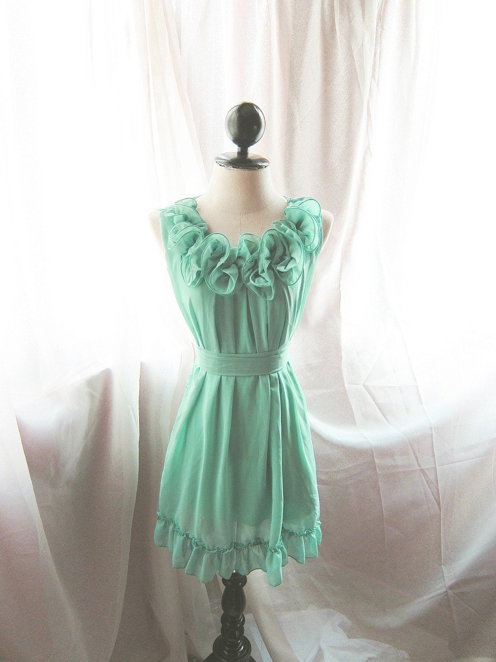 Romantic Minty Green Rose Angelic Rosette Dress Heavenly Secret Garden Alice in the Wonderland Tea Party Chiffon Ruffled Hem Dress