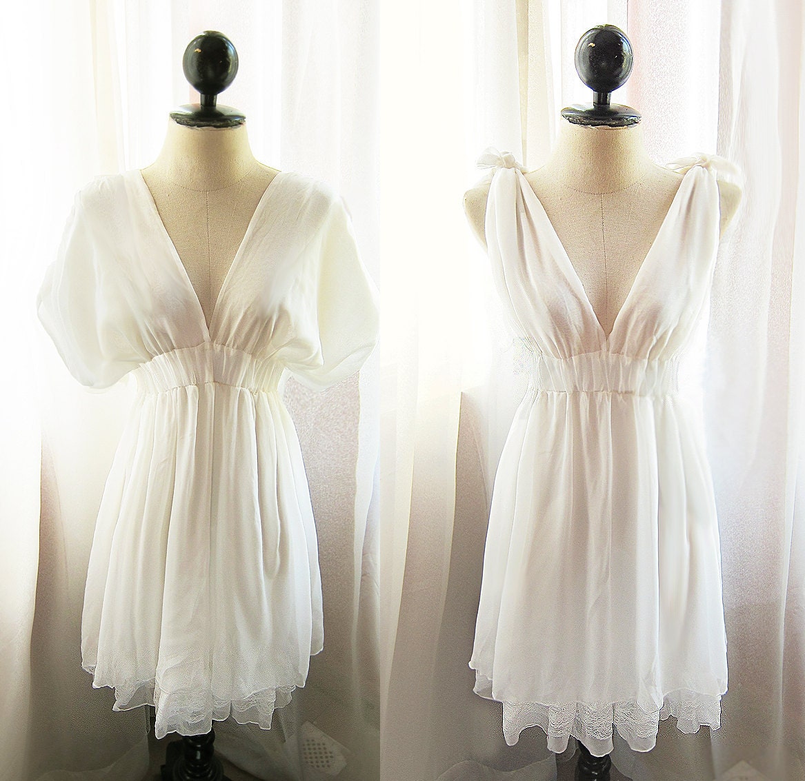 Dreamy White Kimono Grecian Dress Romantic Pale Chantilly Pure Linen Soft Rustic Peaceful Misty Chiffon Lace Hem 2way Dress