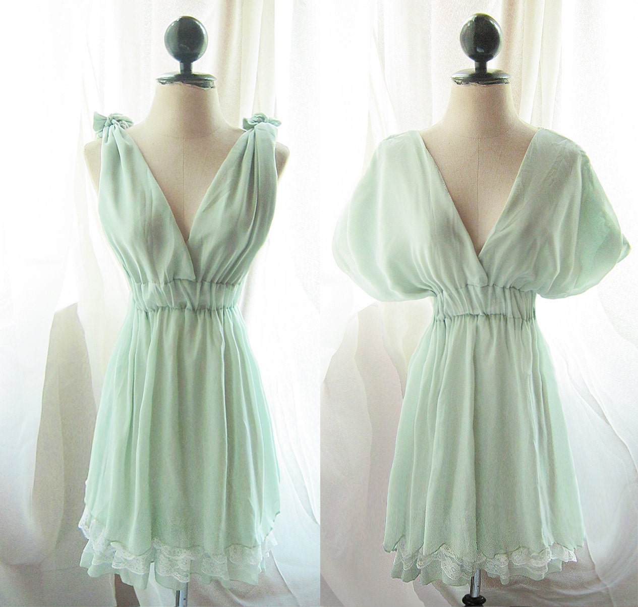 Marie Antoinette Mint Green Dress Dreamy Soft Peaceful Misty Romantic Pale Chantilly Pistachio Morning Dew Chiffon Lace Hem Dress