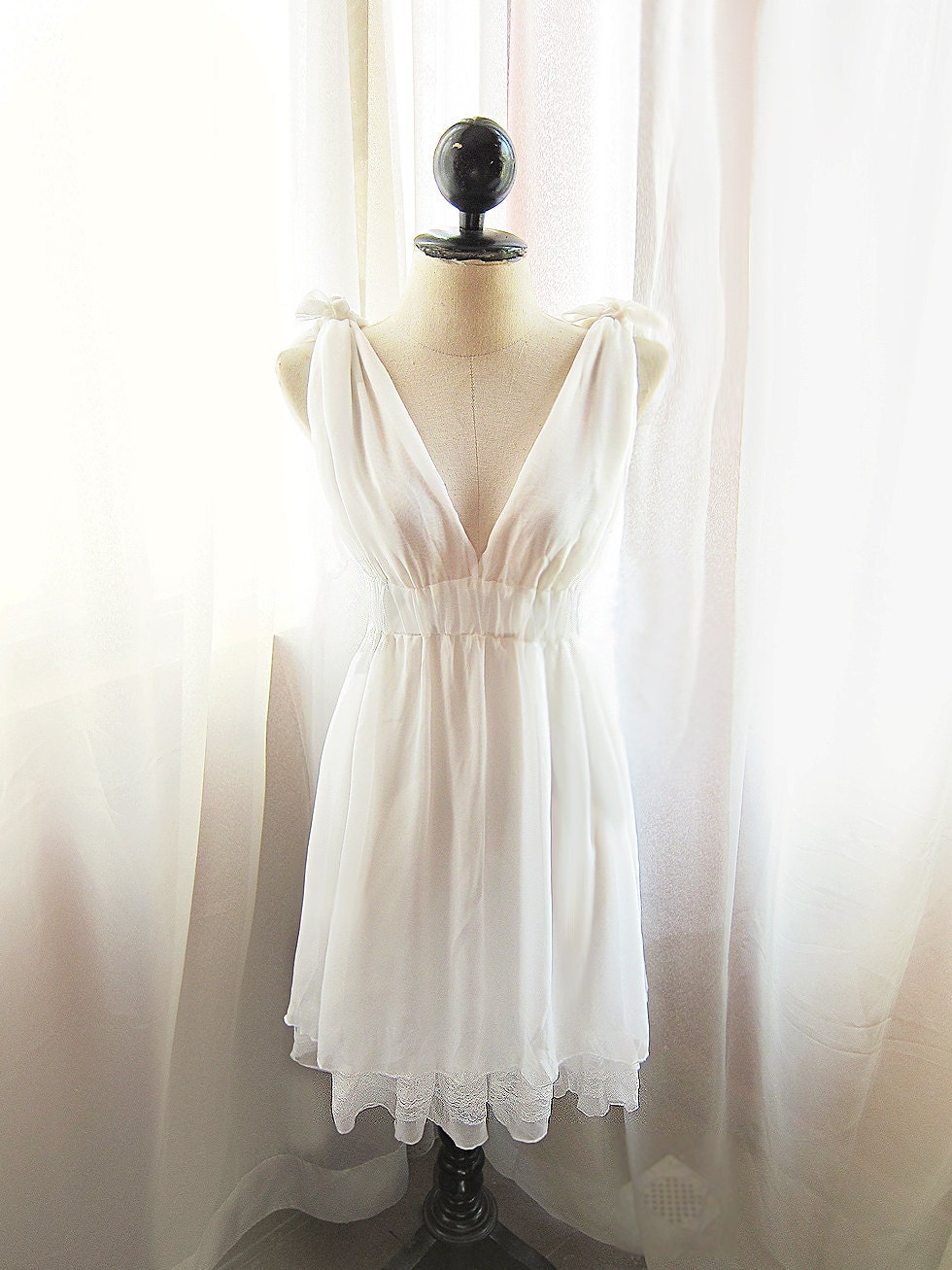 Dreamy White Kimono Grecian Dress Romantic Pale Chantilly Pure Linen Soft Rustic Peaceful Misty Chiffon Lace Hem 2way Dress