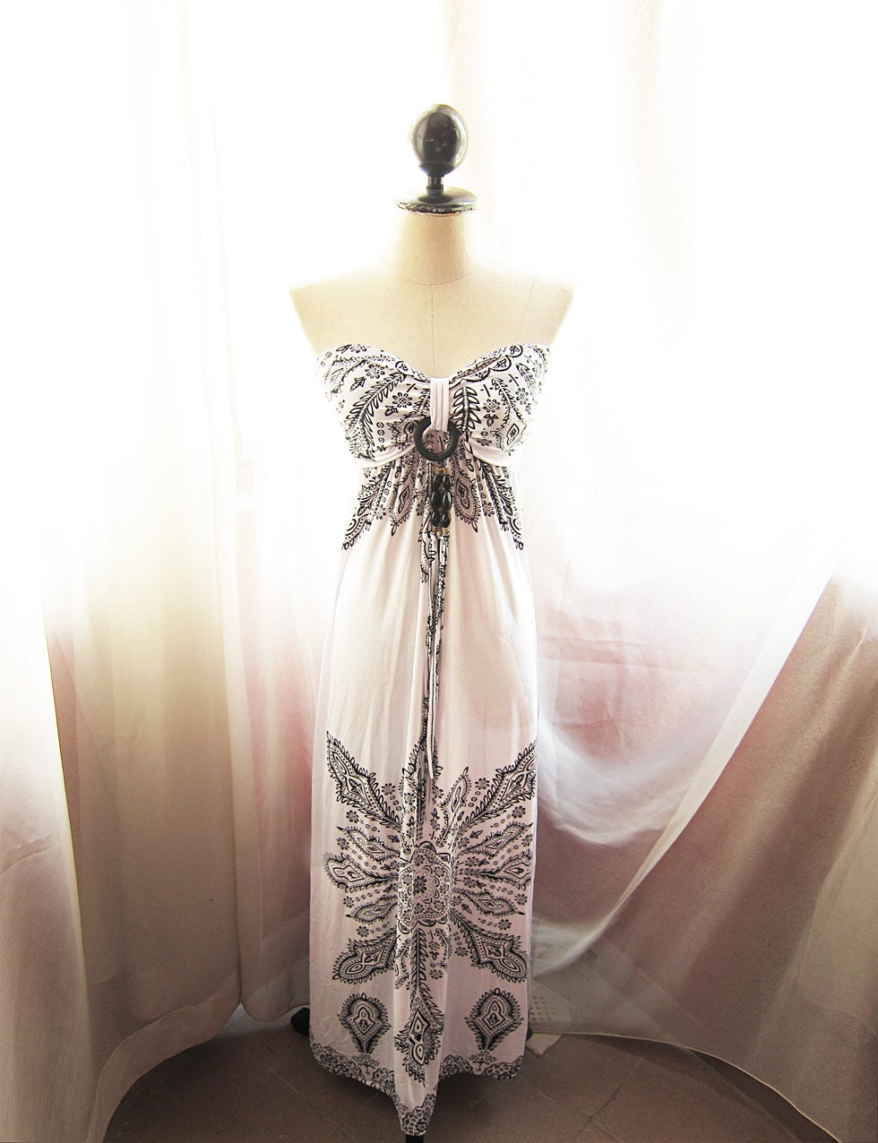 Exotic White Indie Paisley Wooden Beads Onyx Black Motif Two Way Maxi Dress Spring Summer Hippie Gypsy Peasant Happy Bohemian Long Dress