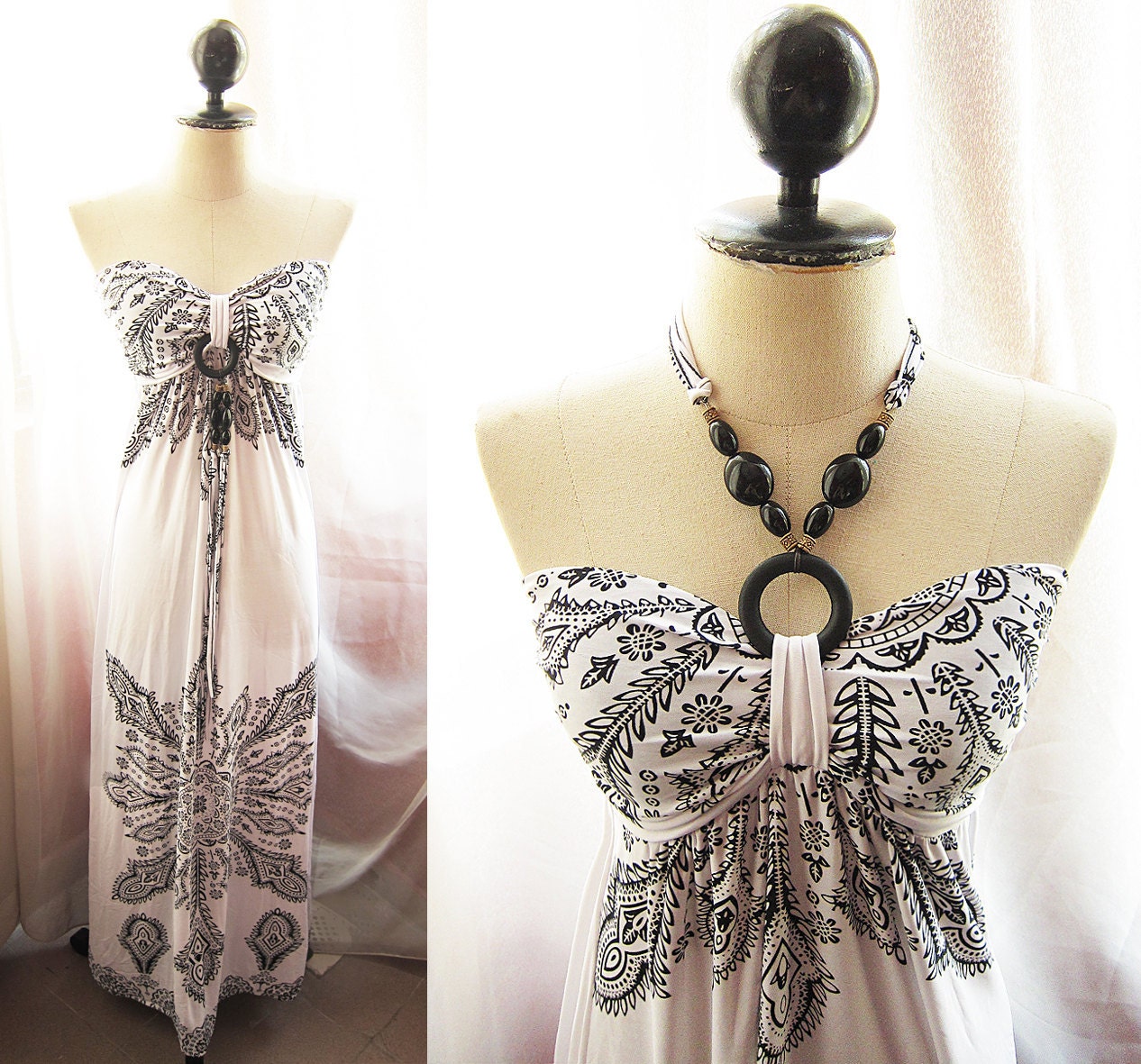 Exotic White Indie Paisley Wooden Beads Onyx Black Motif Two Way Maxi Dress Spring Summer Hippie Gypsy Peasant Happy Bohemian Long Dress
