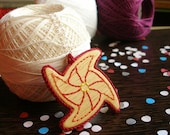 Wooden Embroidered Pendant - RED PINWHEEL - Hand embroidery jewelry By The Spotless Loop
