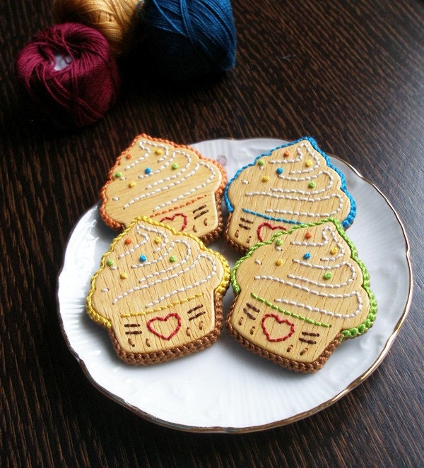 Wooden Embroidered Brooch - YELLOW CUPCAKE - Hand Embroidery on Wood Jewelry