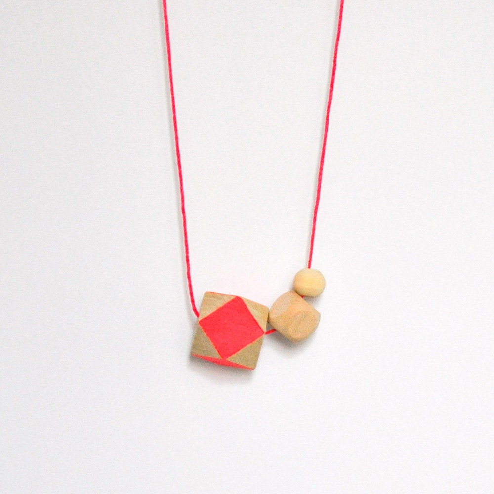 Geometric wooden bead necklace .  Neon pink handpainted