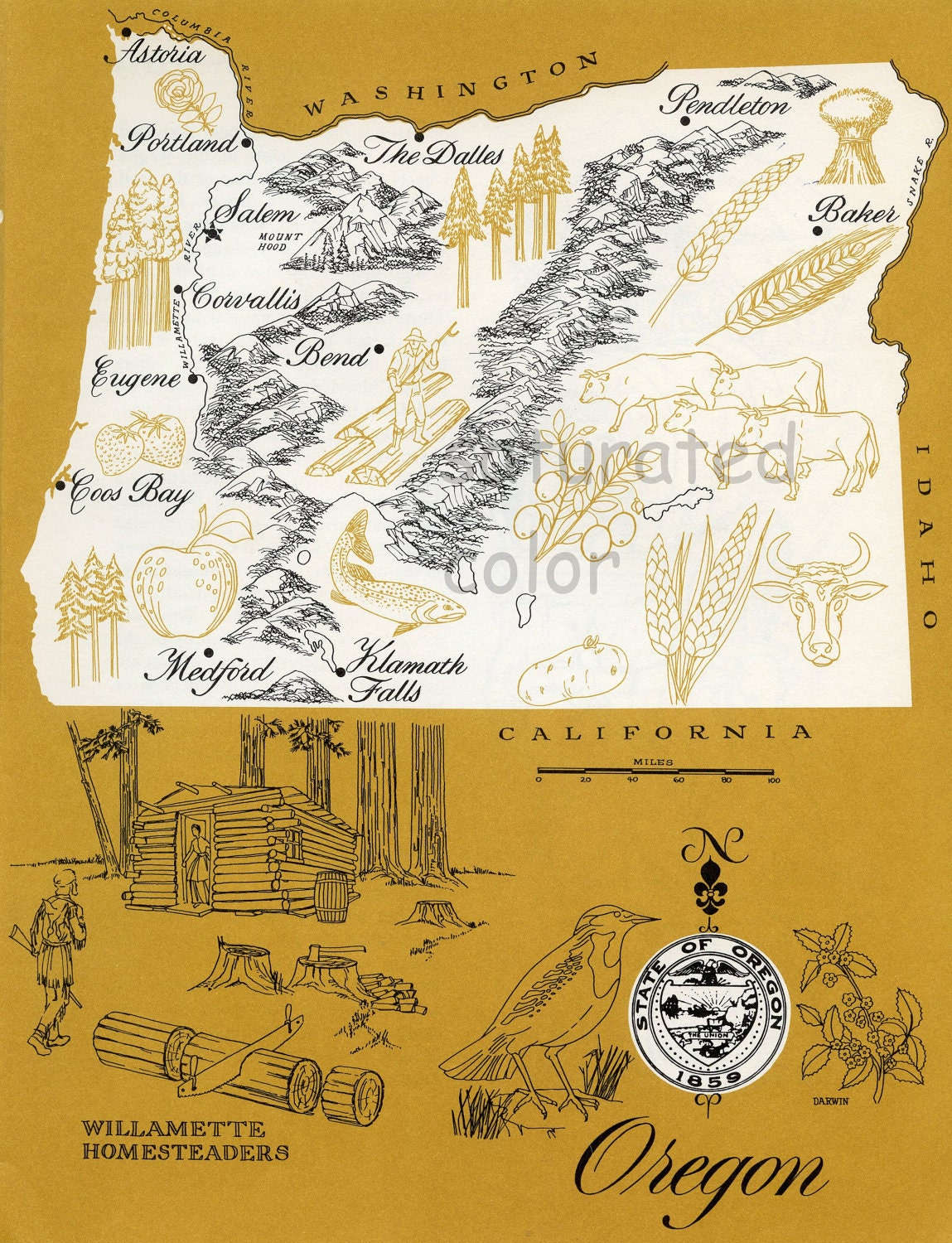 Oregon Map - Mustard Yellow Vintage colorful illustrated map of Oregon - 1960s picture map - Retro Fun Colors