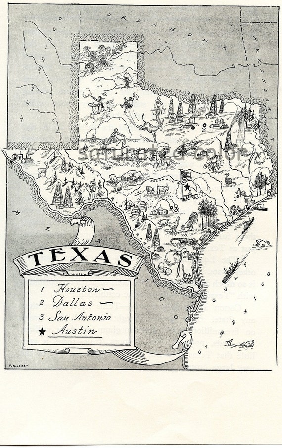 1950s Texas - A Delightfully Amusing ORIGINAL Vintage Picture Map - Fun