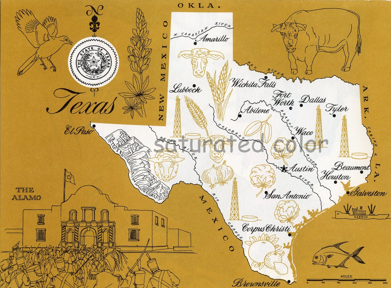 Texas Map - Mustard Yellow Vintage colorful illustrated map of Texas - 1960s picture map - Fun Retro Colors