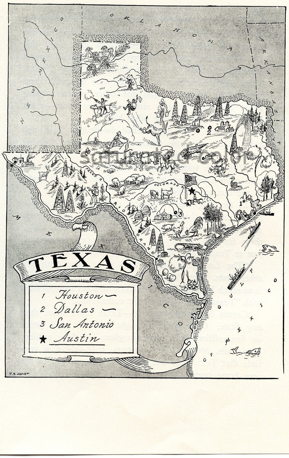 1950s Texas - A Delightfully Amusing ORIGINAL Vintage Picture Map - Fun