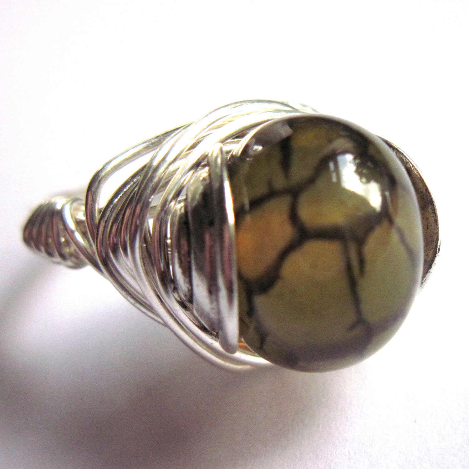 Wire Wrap Ring Olive Agate Unisex Fashion Jewellery