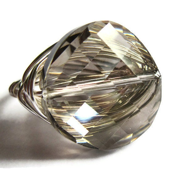 Silver Wire Wrap Ring Smoky Glass Fashion Jewelry